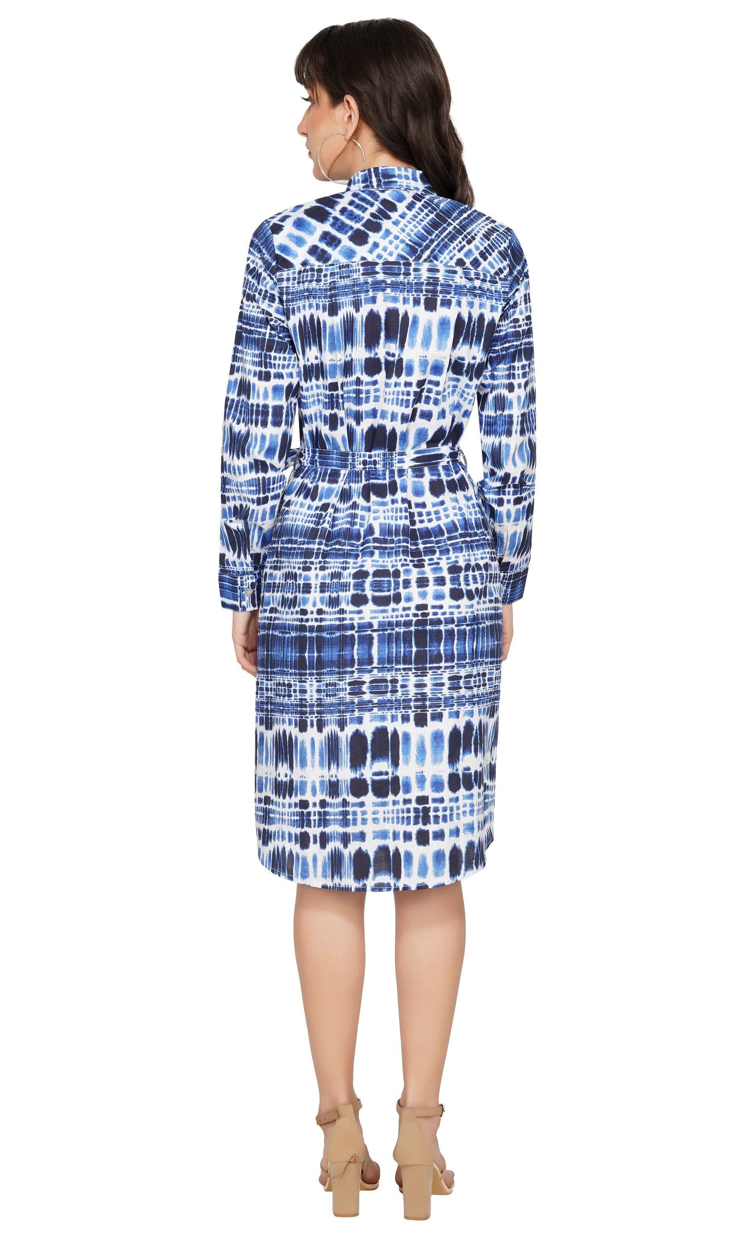 SLAY. Women's Blue Tie-Dye Print Shirt Dress With Roll Up Sleeves-clothing-to-slay.myshopify.com-Shirt Dress
