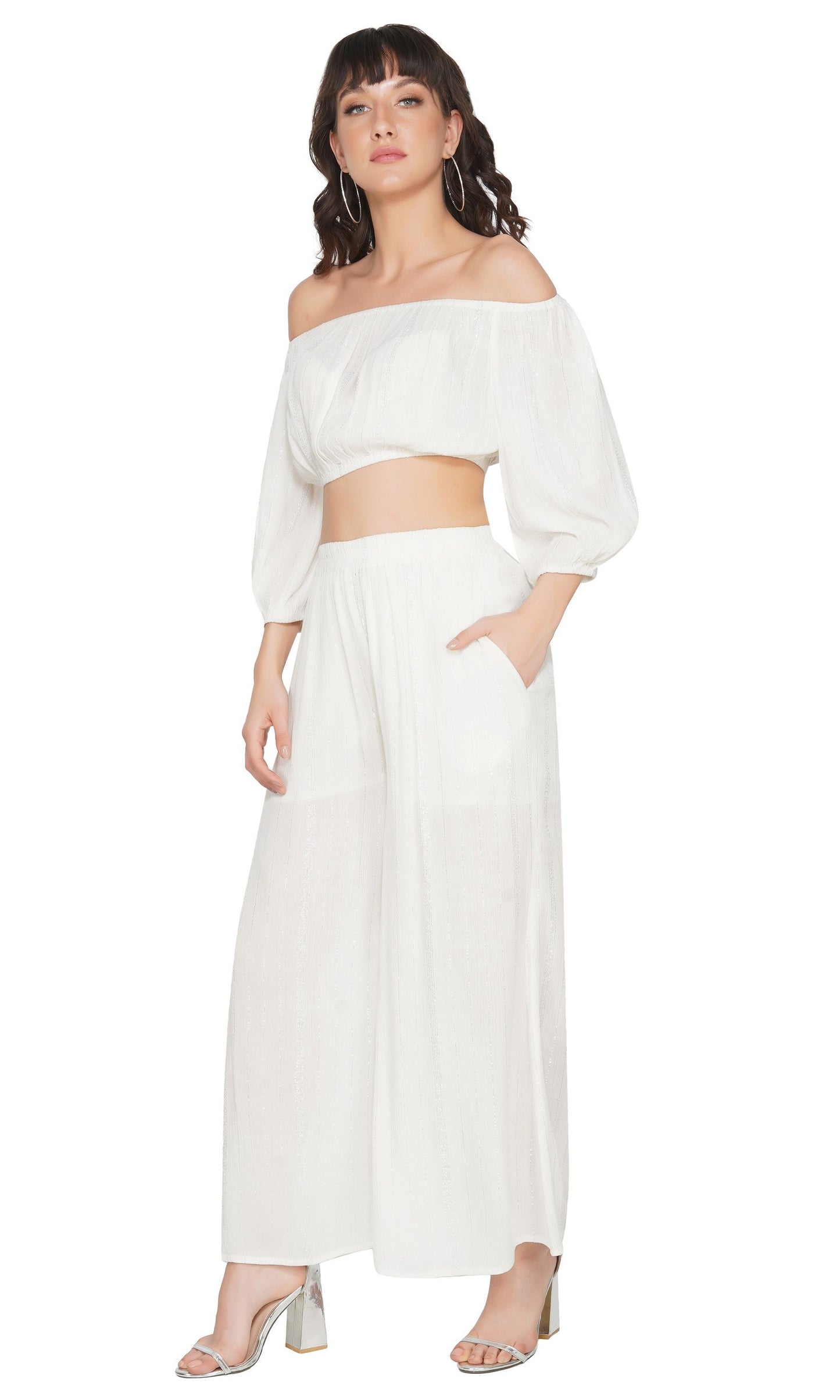 SLAY. Women's White Lurex Off Shoulder Strapless Crop Top With Palazzo Co-ord Set-clothing-to-slay.myshopify.com-Off Shoulder Crop Top With Palazzo Set