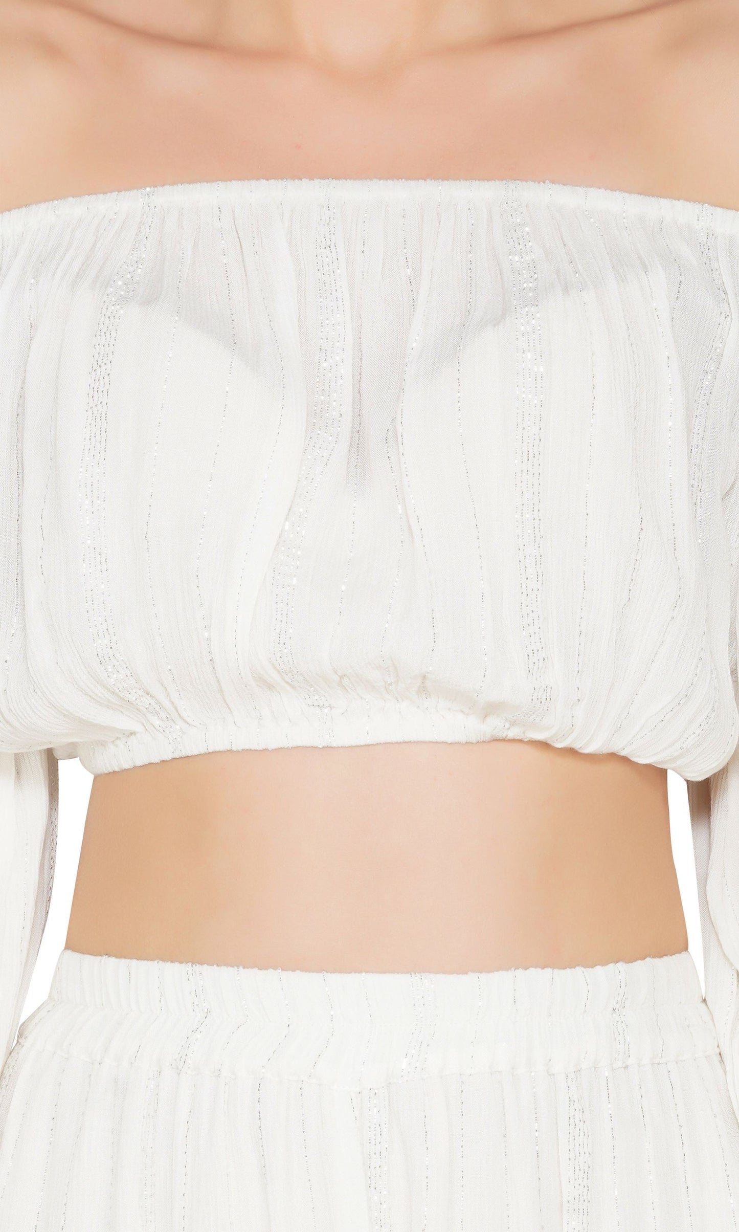 SLAY. Women's White Lurex Off Shoulder Strapless Crop Top With Palazzo Co-ord Set-clothing-to-slay.myshopify.com-Off Shoulder Crop Top With Palazzo Set