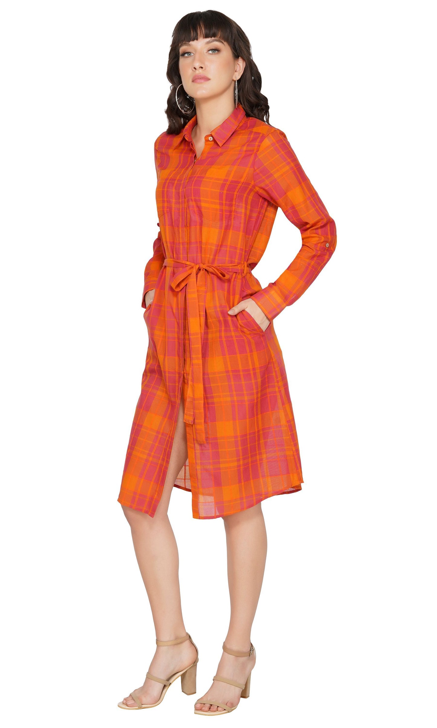 SLAY. Women's Red-Orange Check Plaid Shirt Dress-clothing-to-slay.myshopify.com-Shirt Dress