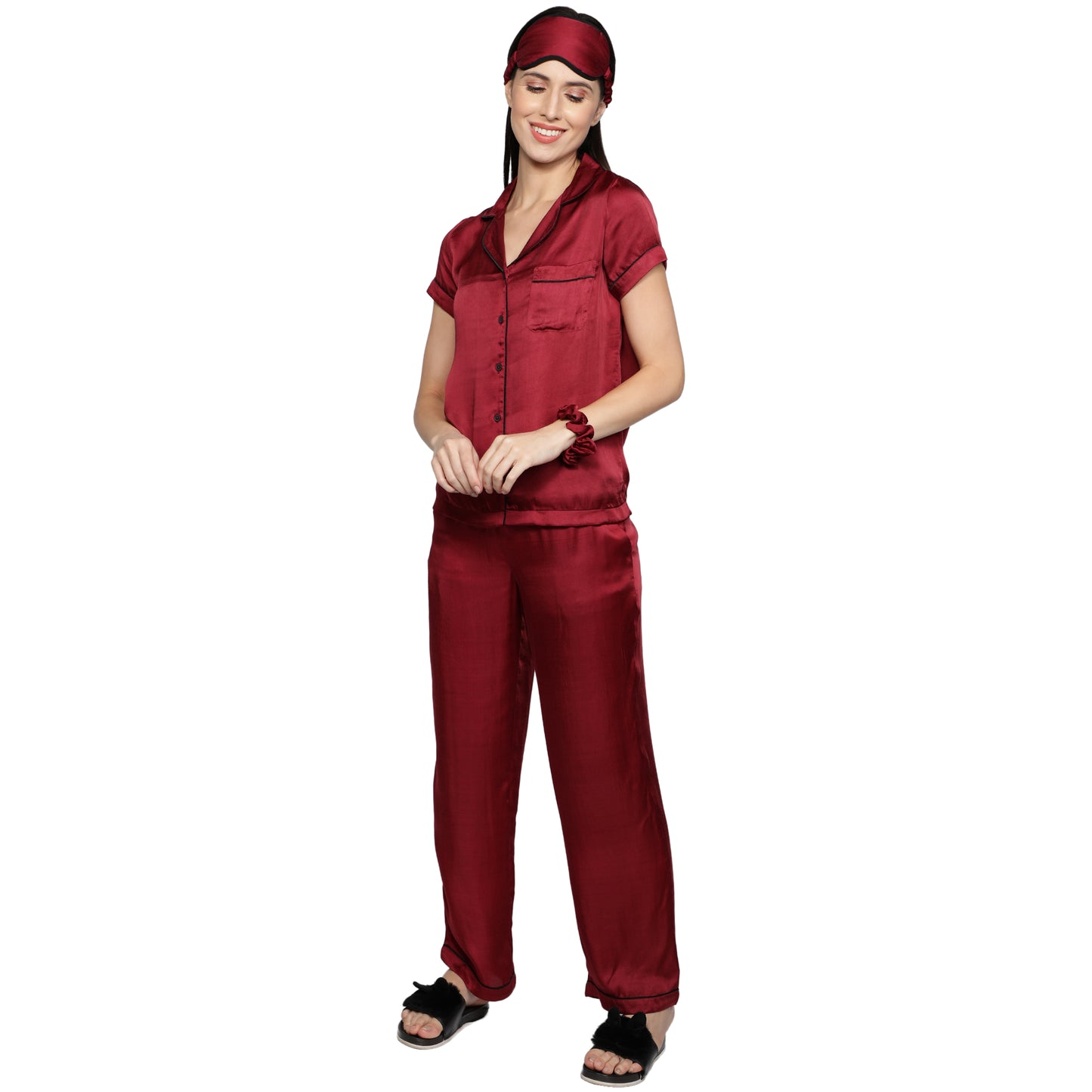 SLAY. Women's Cherry Red color Half Sleeve Button Up Shirt & Pyjama Coord Set with matching Eye mask & Ruffle-clothing-to-slay.myshopify.com-Nightwear Dress