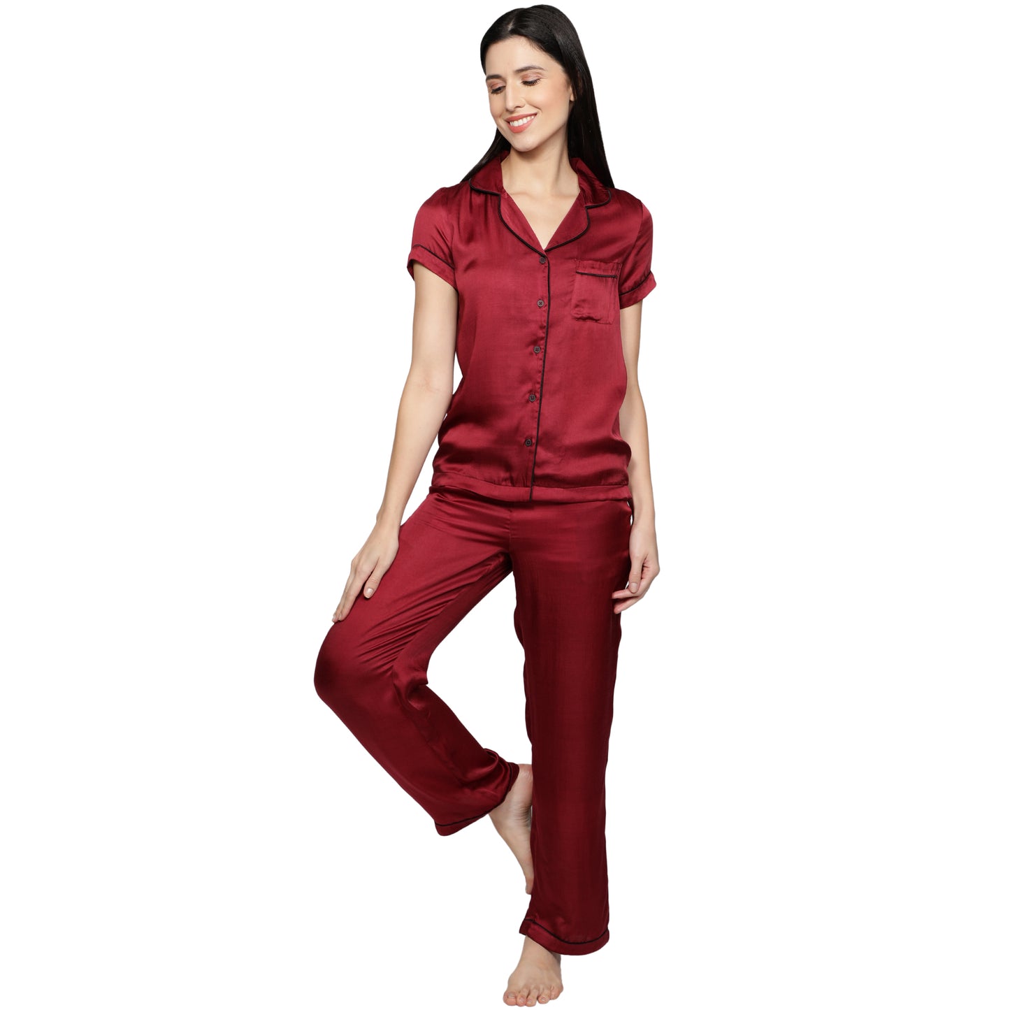 SLAY. Women's Cherry Red color Half Sleeve Button Up Shirt & Pyjama Coord Set with matching Eye mask & Ruffle-clothing-to-slay.myshopify.com-Nightwear Dress