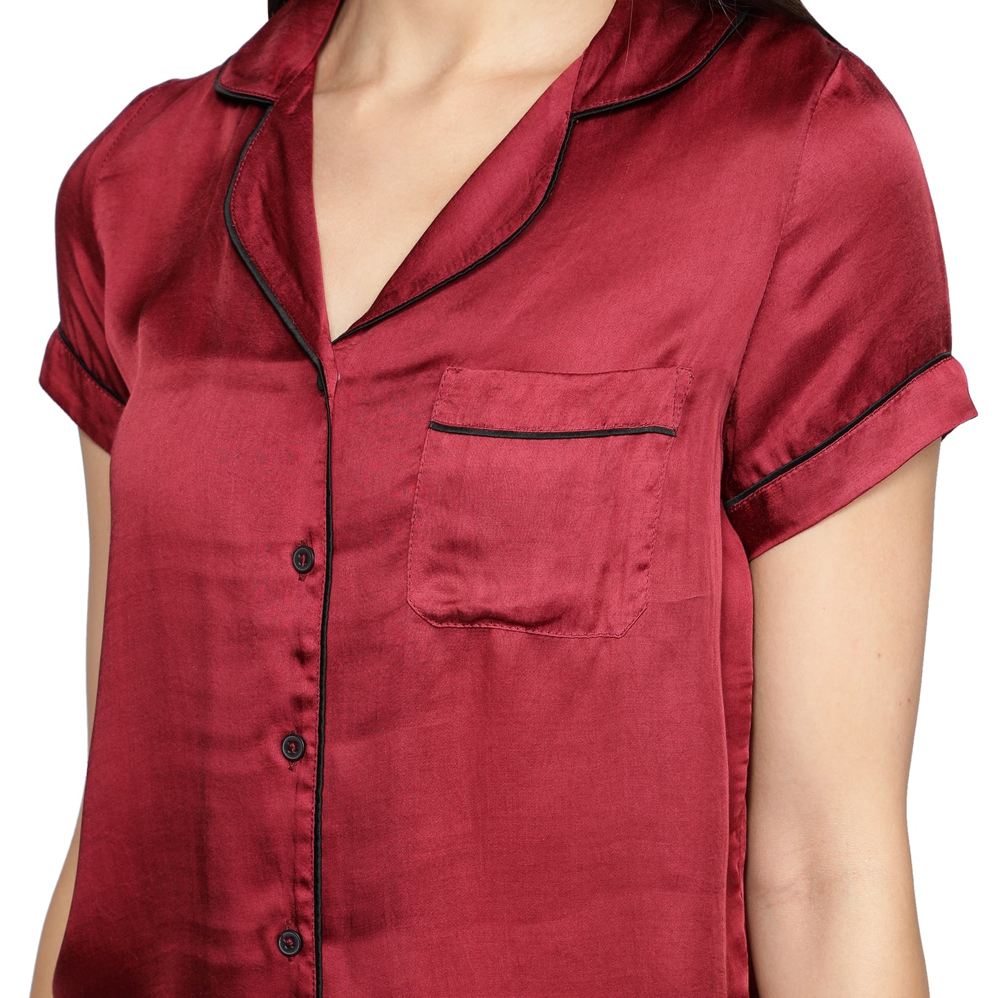 SLAY. Women's Cherry Red color Half Sleeve Button Up Shirt & Pyjama Coord Set with matching Eye mask & Ruffle-clothing-to-slay.myshopify.com-Nightwear Dress