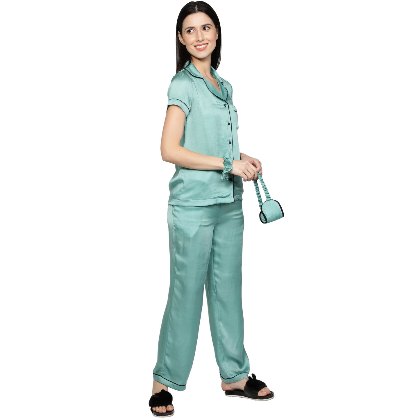 SLAY. Women's Mint color Half Sleeve Button Up Shirt & Pyjama Coord Set-clothing-to-slay.myshopify.com-Nightwear Dress