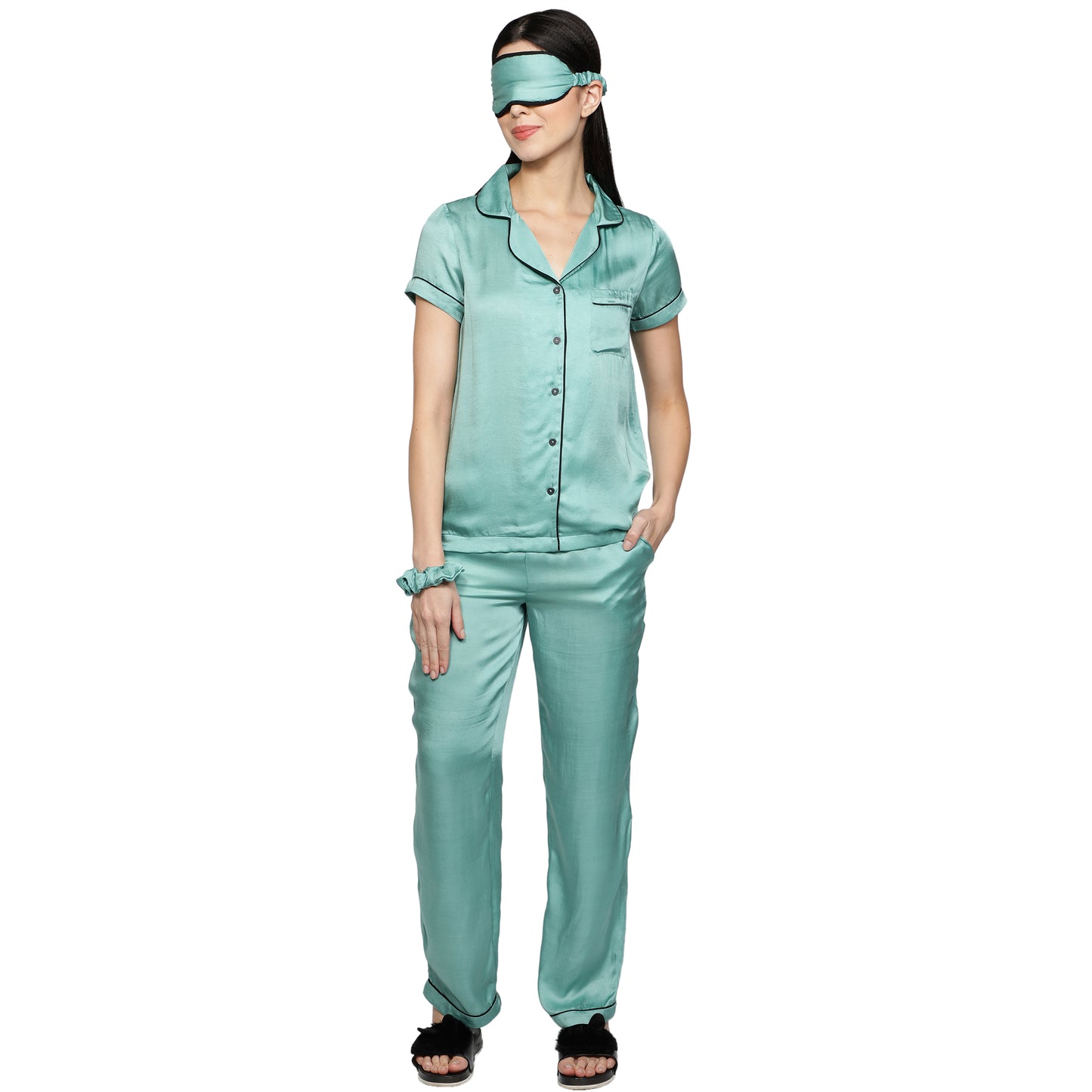 SLAY. Women's Mint color Half Sleeve Button Up Shirt & Pyjama Coord Set with matching Eye mask & Ruffle-clothing-to-slay.myshopify.com-Nightwear Dress