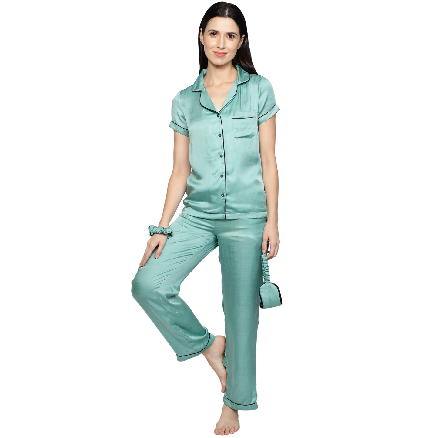 SLAY. Women's Mint color Half Sleeve Button Up Shirt & Pyjama Coord Set-clothing-to-slay.myshopify.com-Nightwear Dress