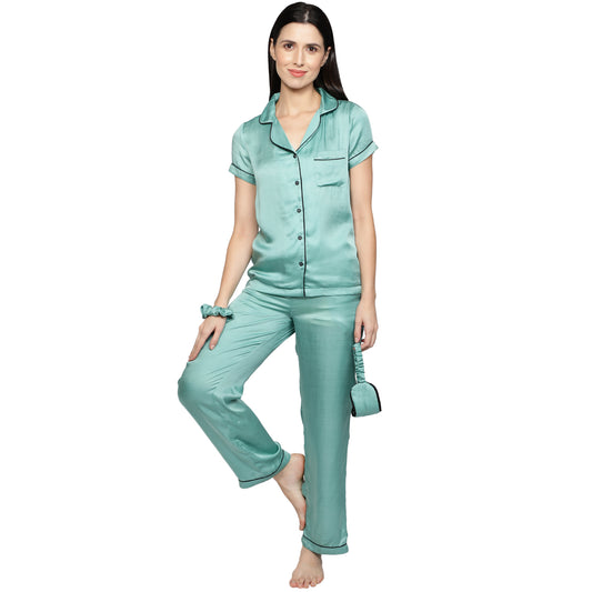SLAY. Women's Mint color Half Sleeve Button Up Shirt & Pyjama Coord Set with matching Eye mask & Ruffle-clothing-to-slay.myshopify.com-Nightwear Dress