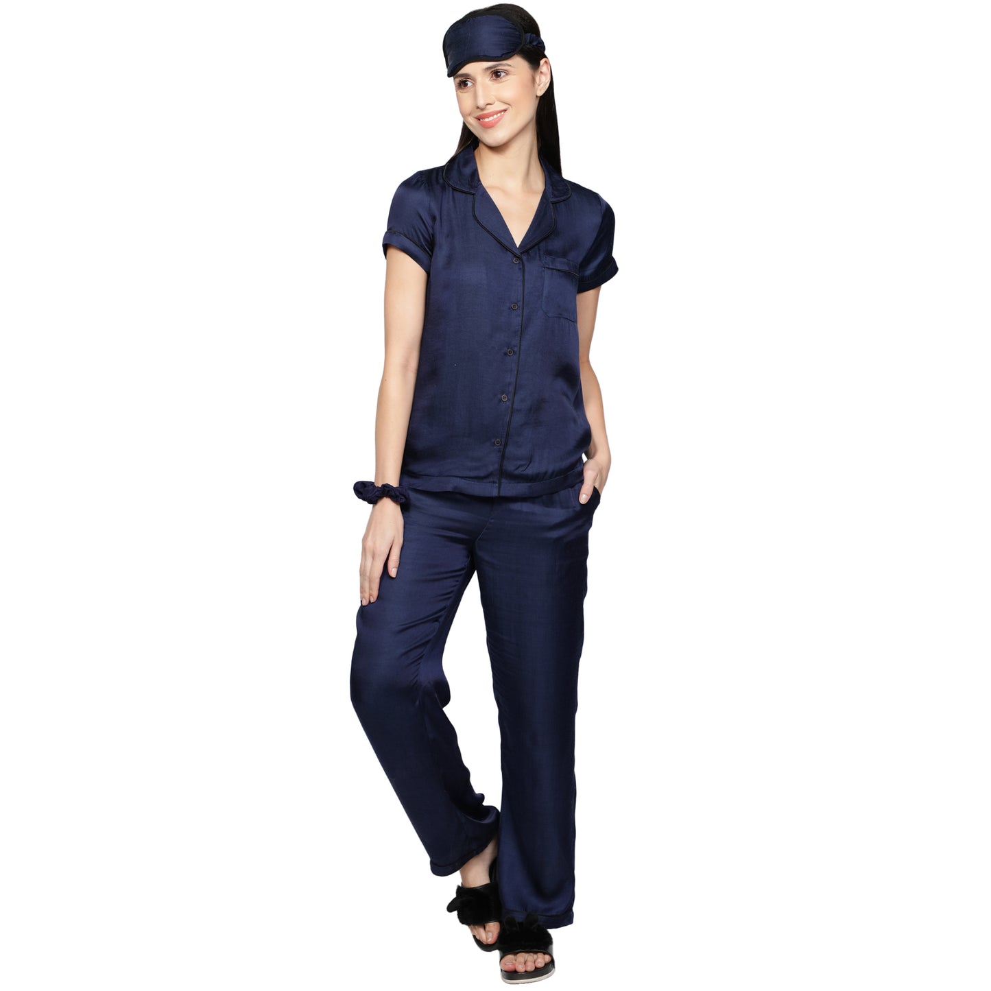 SLAY. Women's Night Blue color Half Sleeve Button Up Shirt & Pajama Coord Set with matching Eye mask & Ruffle-clothing-to-slay.myshopify.com-Nightwear Dress