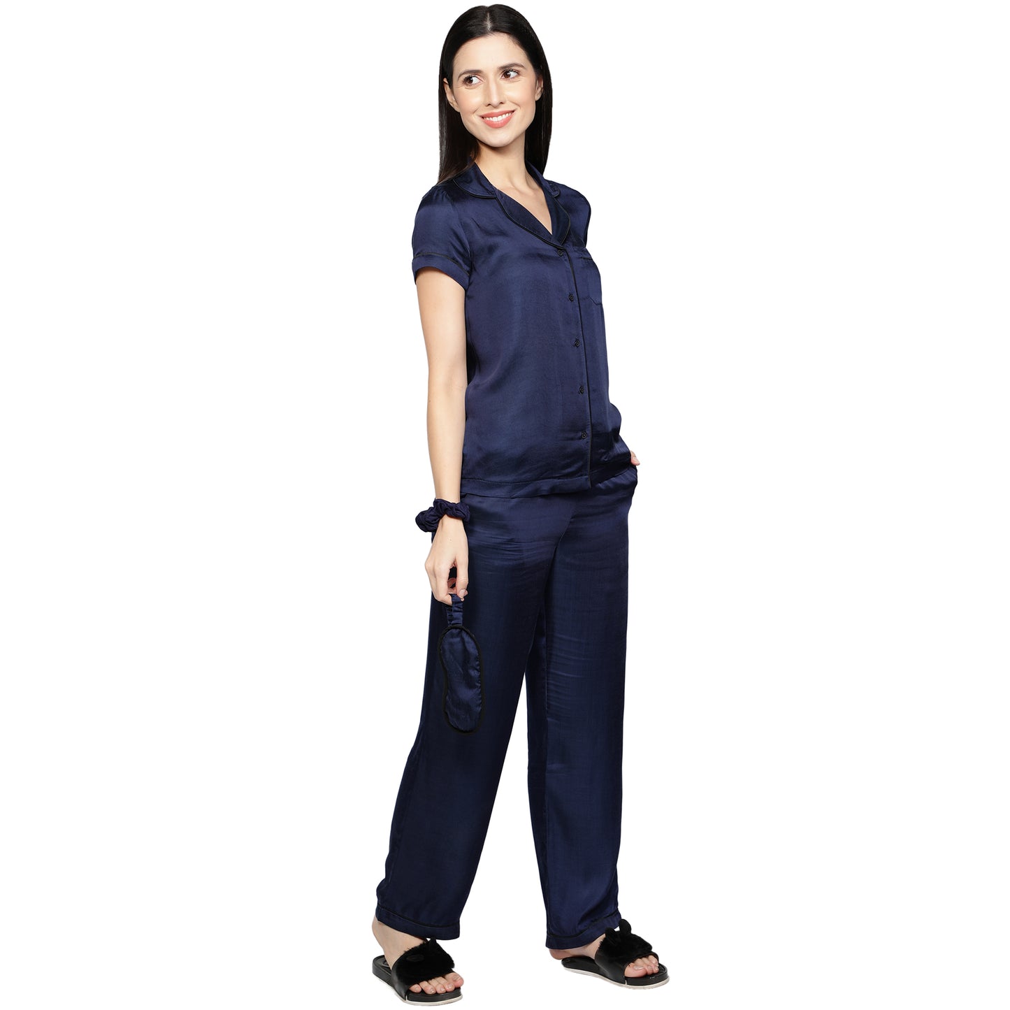SLAY. Women's Night Blue color Half Sleeve Button Up Shirt & Pajama Coord Set-clothing-to-slay.myshopify.com-Nightwear Dress