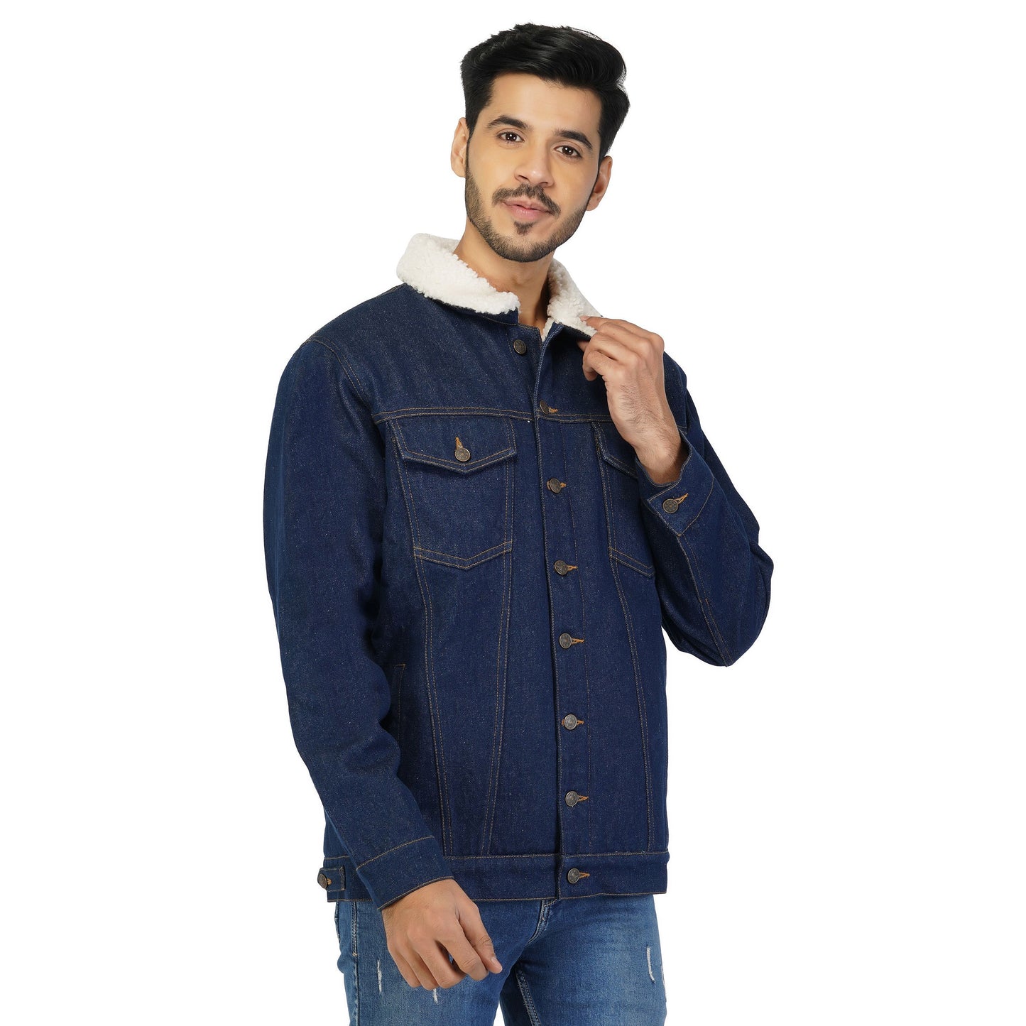 SLAY. Men's Winter wear Full Sleeves Solid Navy Blue Button-Down Denim Jacket with Faux-fur Lining-clothing-to-slay.myshopify.com-Jacket