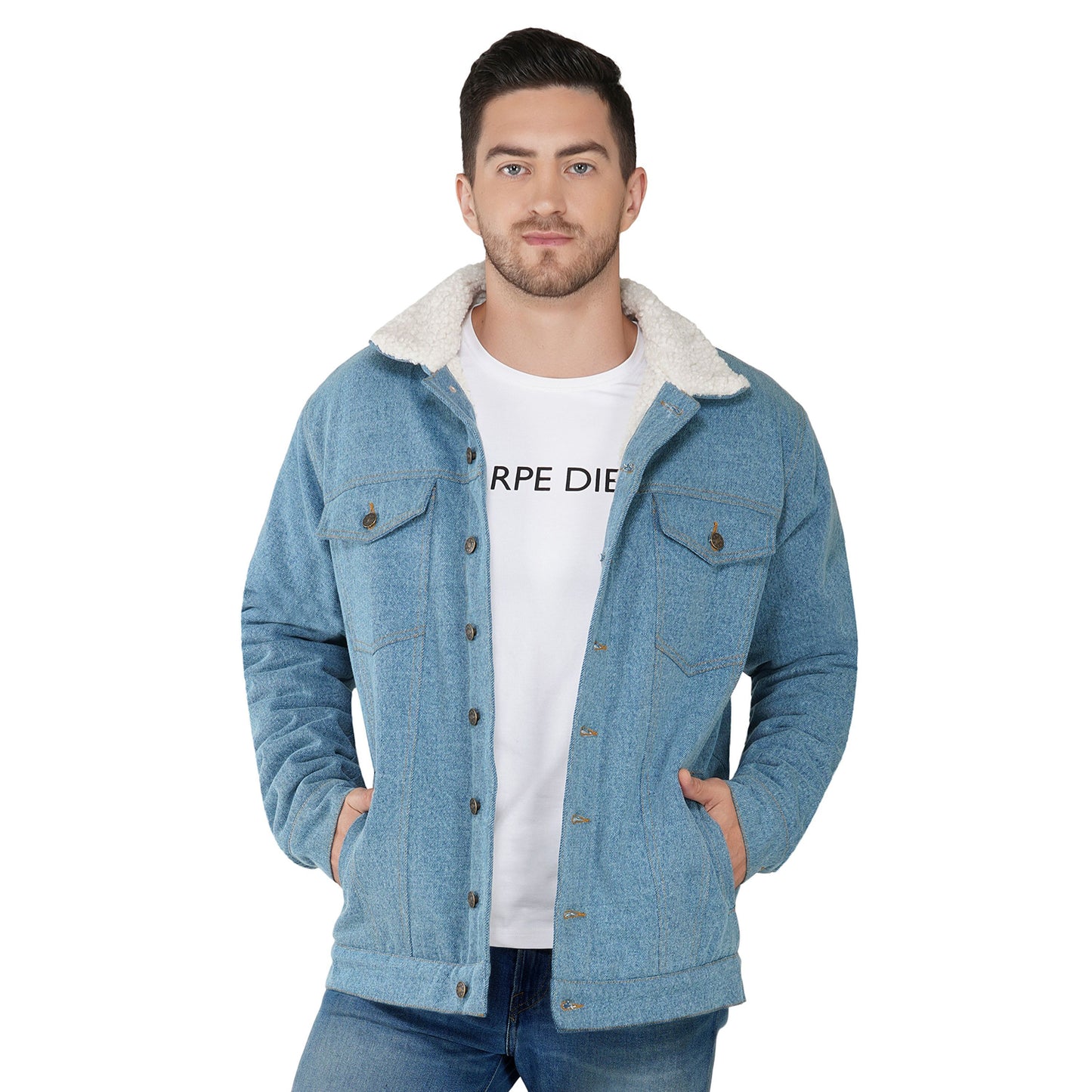 SLAY. Men's Full Sleeves Blue Solid Embroidered Button-Down Washed Light Blue Denim Jacket with Faux-fur Lining-clothing-to-slay.myshopify.com-Jacket