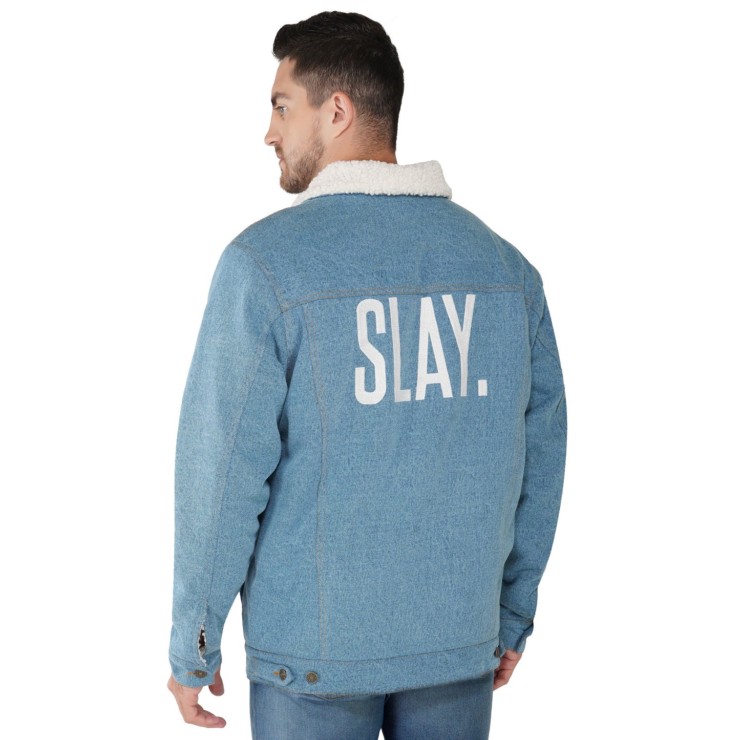 SLAY. Men's Full Sleeves Blue Solid Embroidered Button-Down Washed Light Blue Denim Jacket with Faux-fur Lining-clothing-to-slay.myshopify.com-Jacket