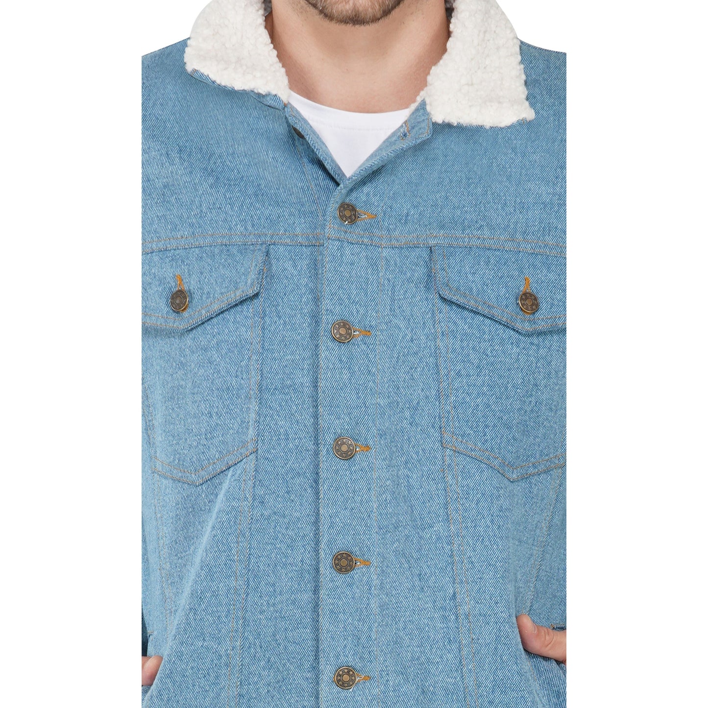 SLAY. Men's Full Sleeves Blue Solid Embroidered Button-Down Washed Light Blue Denim Jacket with Faux-fur Lining-clothing-to-slay.myshopify.com-Jacket