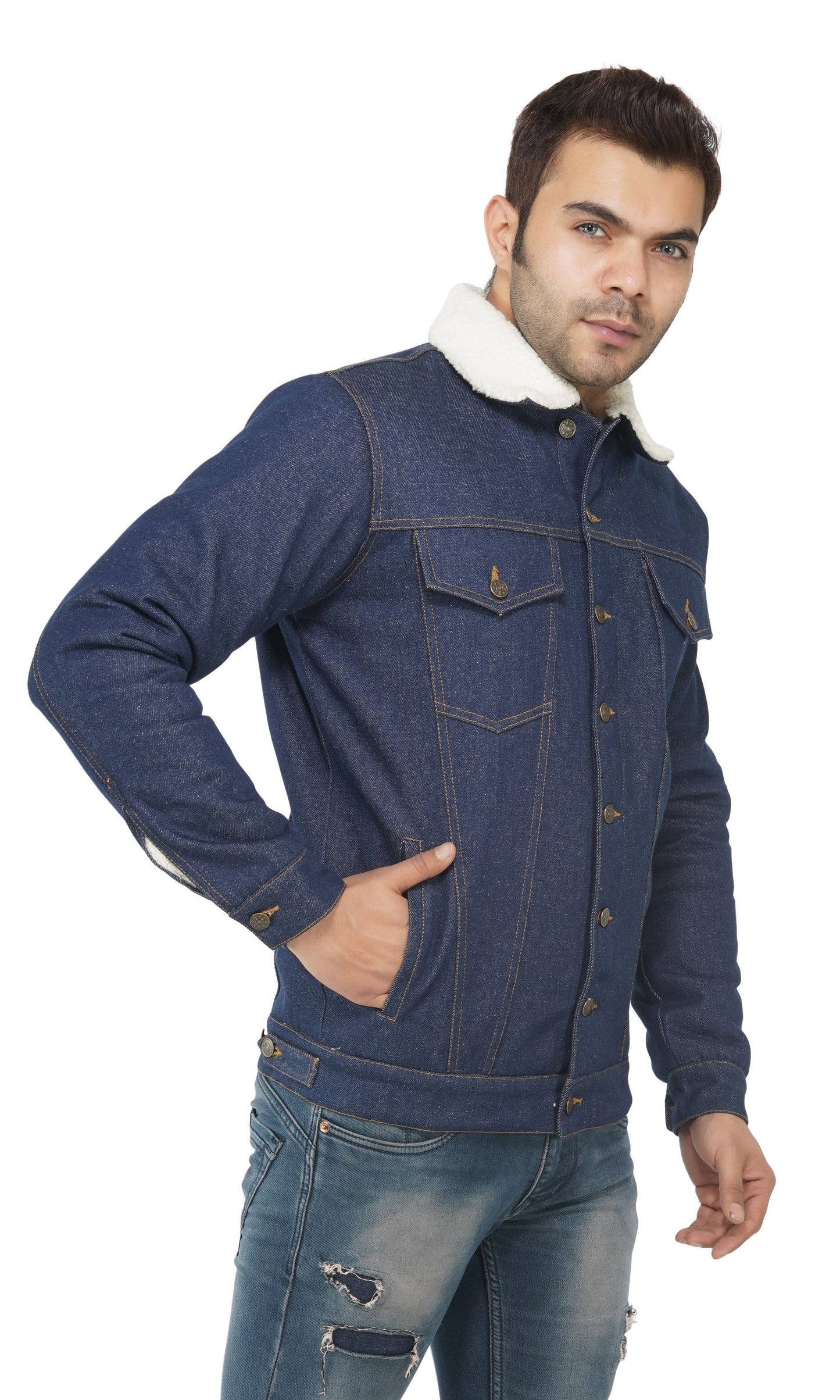 SLAY. Men's Winter Wear Navy Blue Cotton Biker Faux Fur Denim Jacket with SLAY. Embroidered on the back-clothing-to-slay.myshopify.com-Jacket