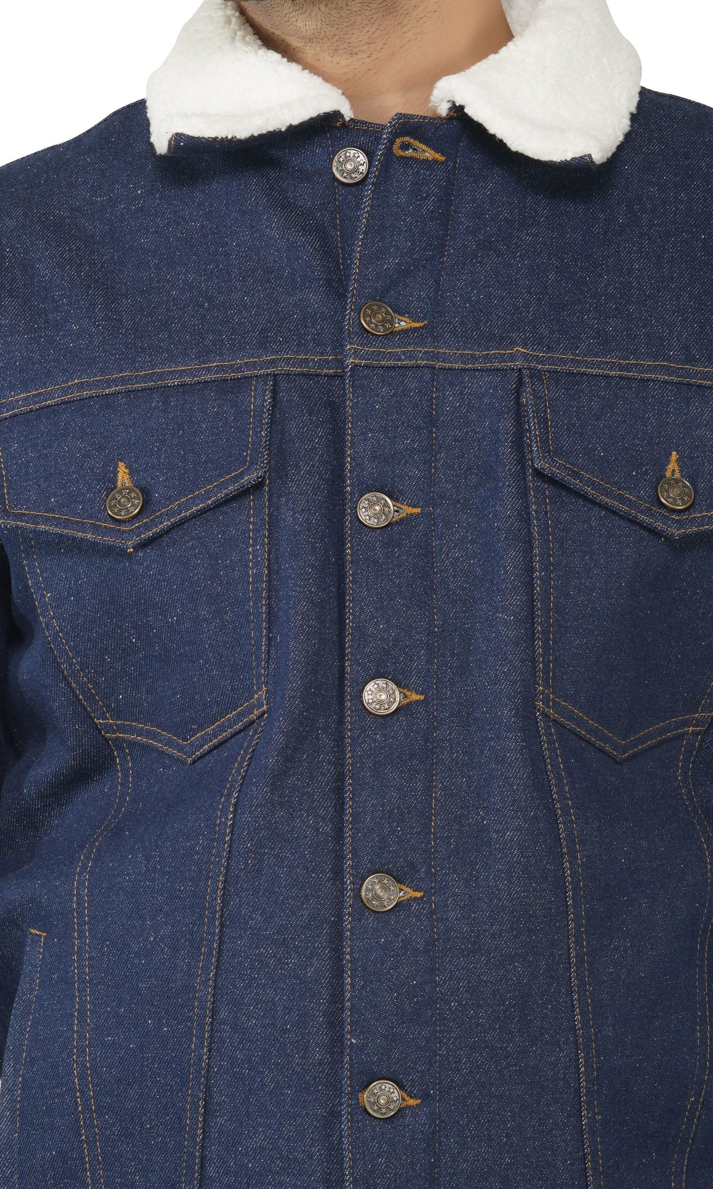 SLAY. Men's Winter Wear Navy Blue Cotton Biker Faux Fur Denim Jacket with SLAY. Embroidered on the back-clothing-to-slay.myshopify.com-Jacket