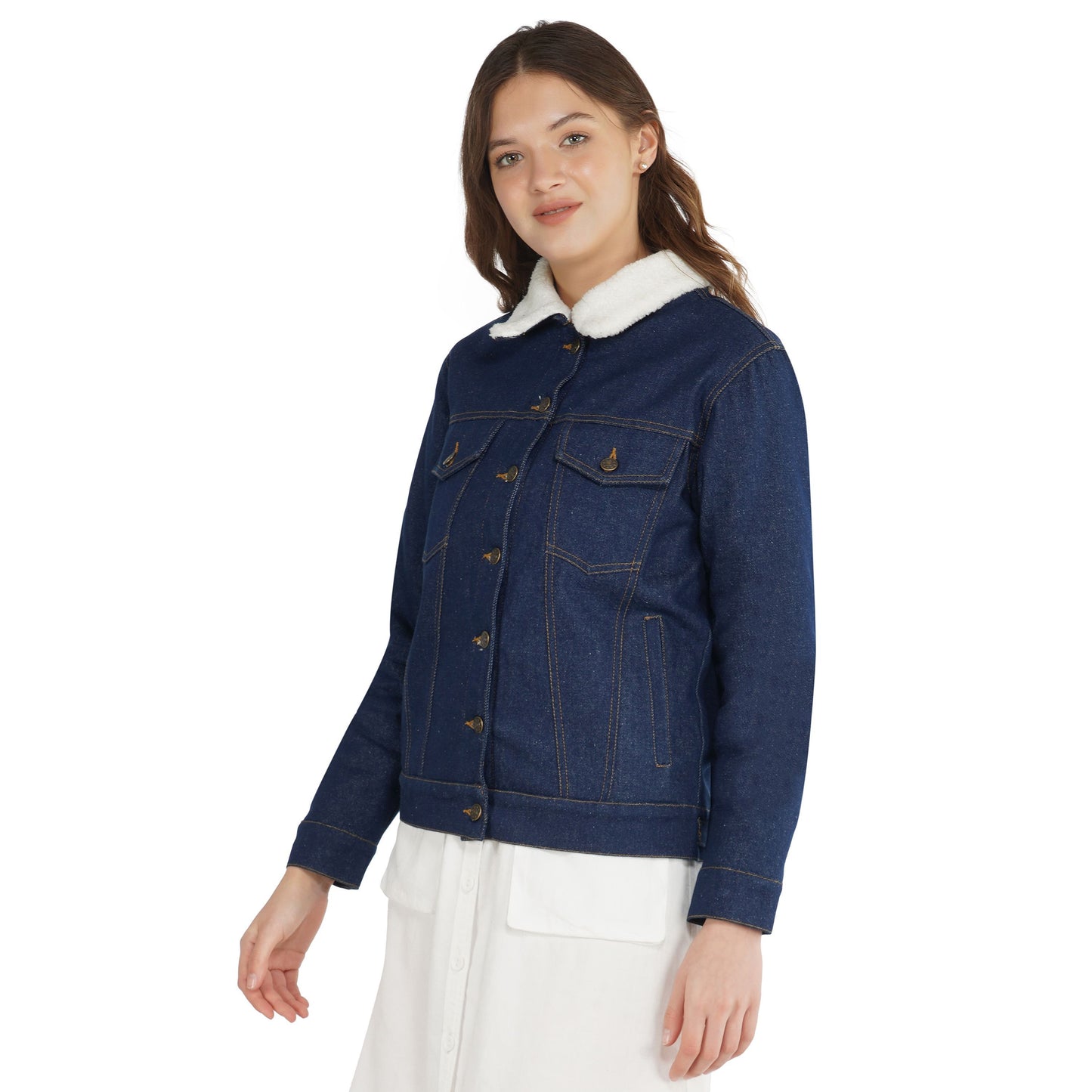 SLAY. Women's Embroidered Denim Navy Blue Jacket with Faux-fur Lining-clothing-to-slay.myshopify.com-Denim Jacket