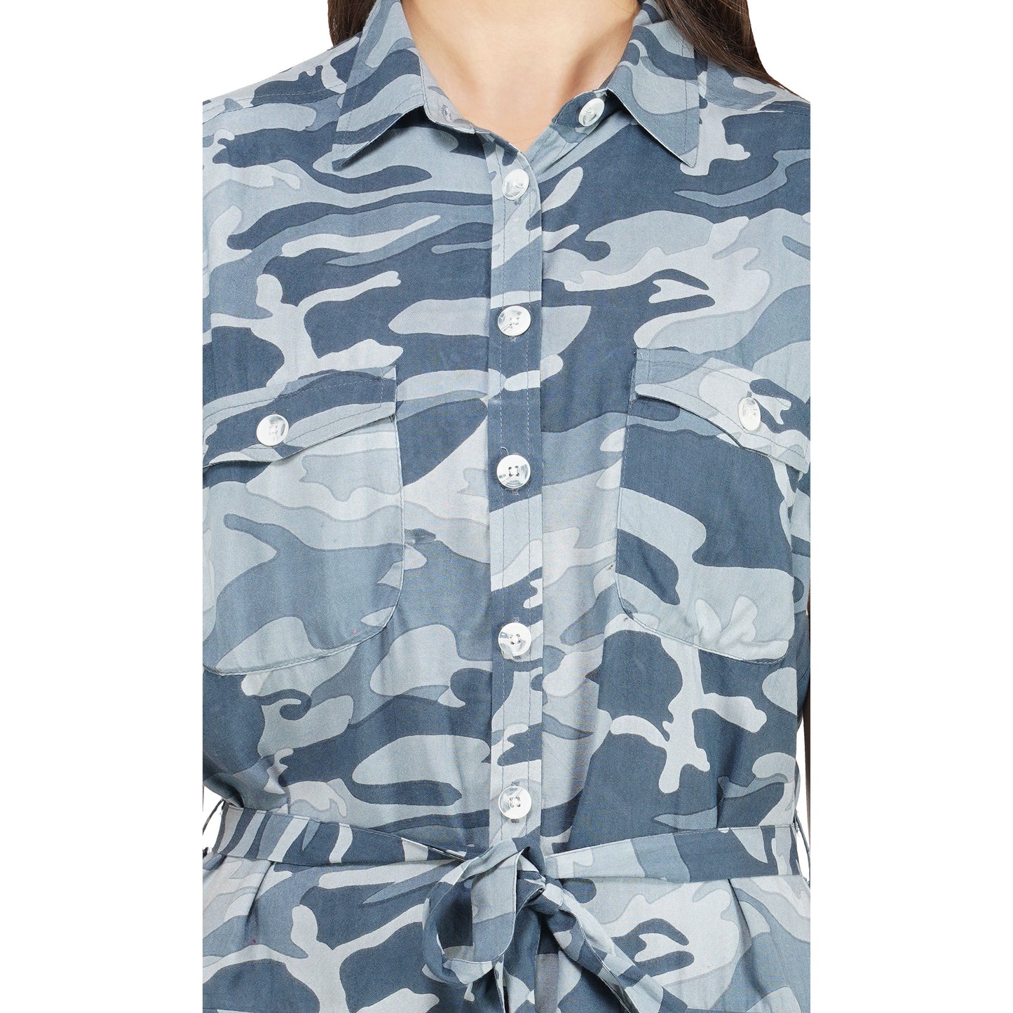 SLAY. Women's Blue Camouflage Print A- Line Short Knee Length Dress-clothing-to-slay.myshopify.com-Dress