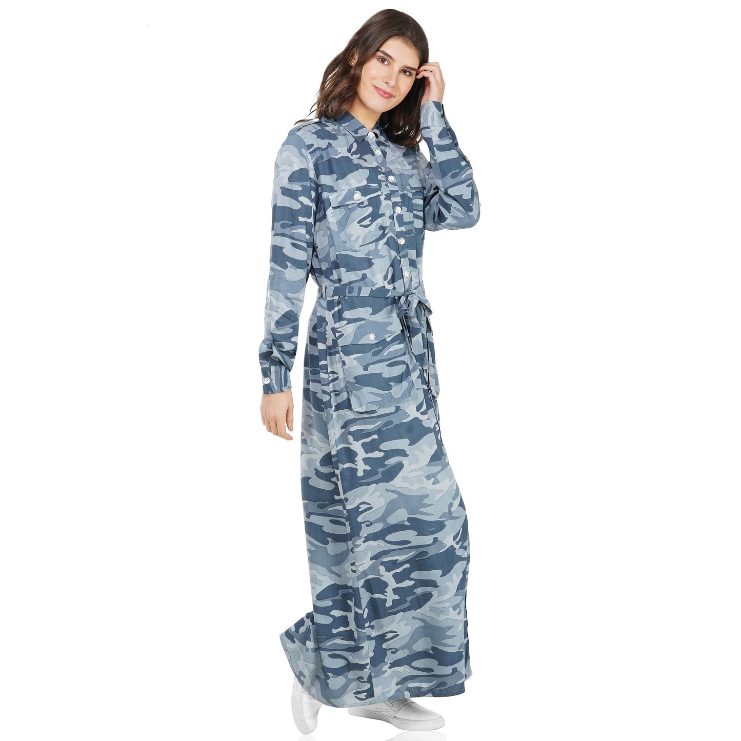 SLAY. Women's Blue Camouflage Printed A-Line Long Dress-clothing-to-slay.myshopify.com-Dress