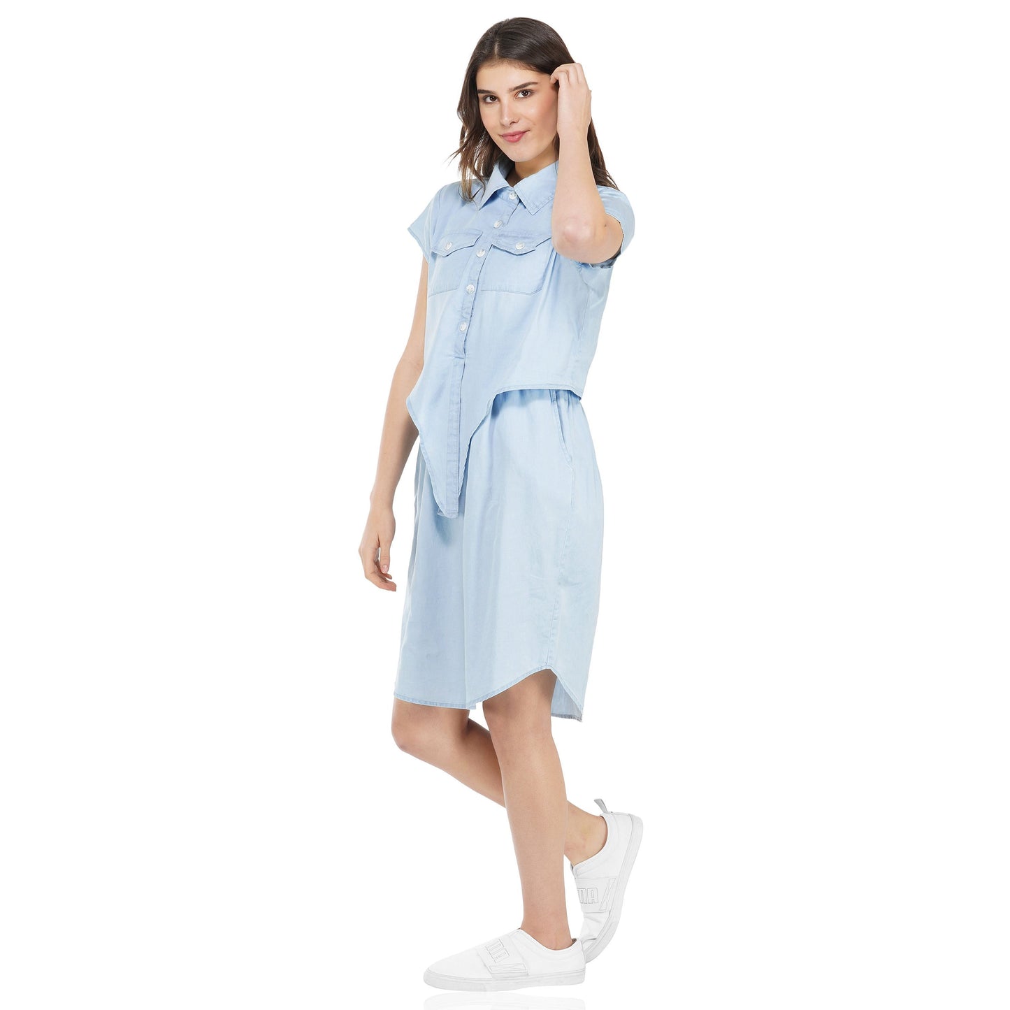 SLAY. Women's Sky Blue Denim Tie-Front Knotted Short A-line Dress-clothing-to-slay.myshopify.com-Dress