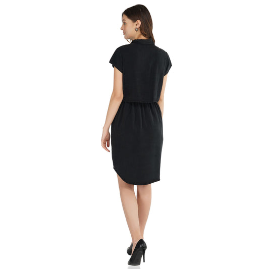 SLAY. Women's Black Wrinkle Resistant Tie Front Knotted A-line Short Dress in Tencel-clothing-to-slay.myshopify.com-Dress
