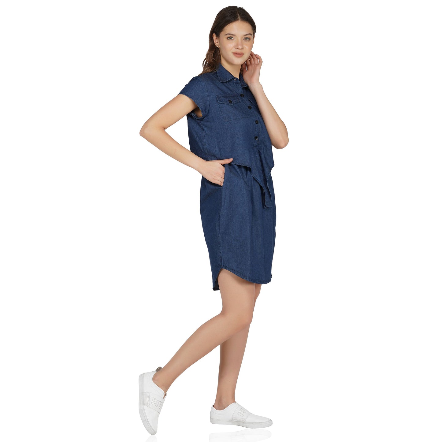 SLAY. Women's Navy Blue Tie-Front Knotted Denim Short Dress-clothing-to-slay.myshopify.com-Dress