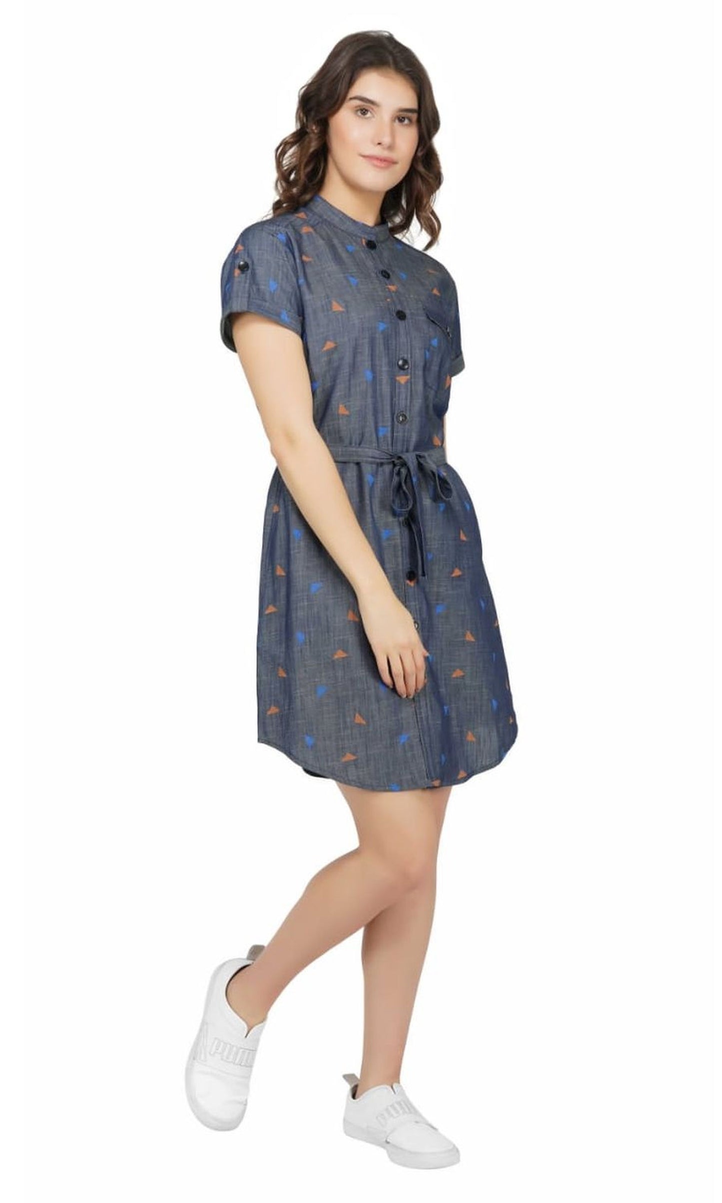 SLAY. Women's Printed Denim Short A-Line Dress With Waist Belt-clothing-to-slay.myshopify.com-Dress