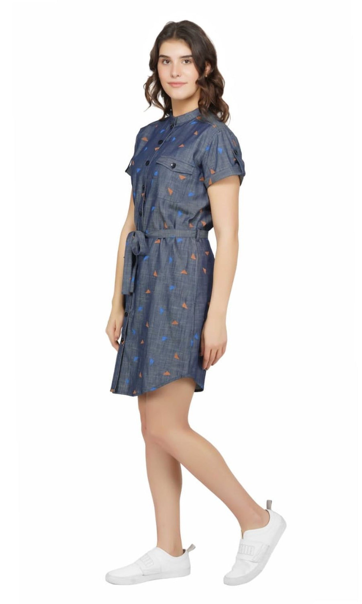 SLAY. Women's Printed Denim Short A-Line Dress With Waist Belt-clothing-to-slay.myshopify.com-Dress