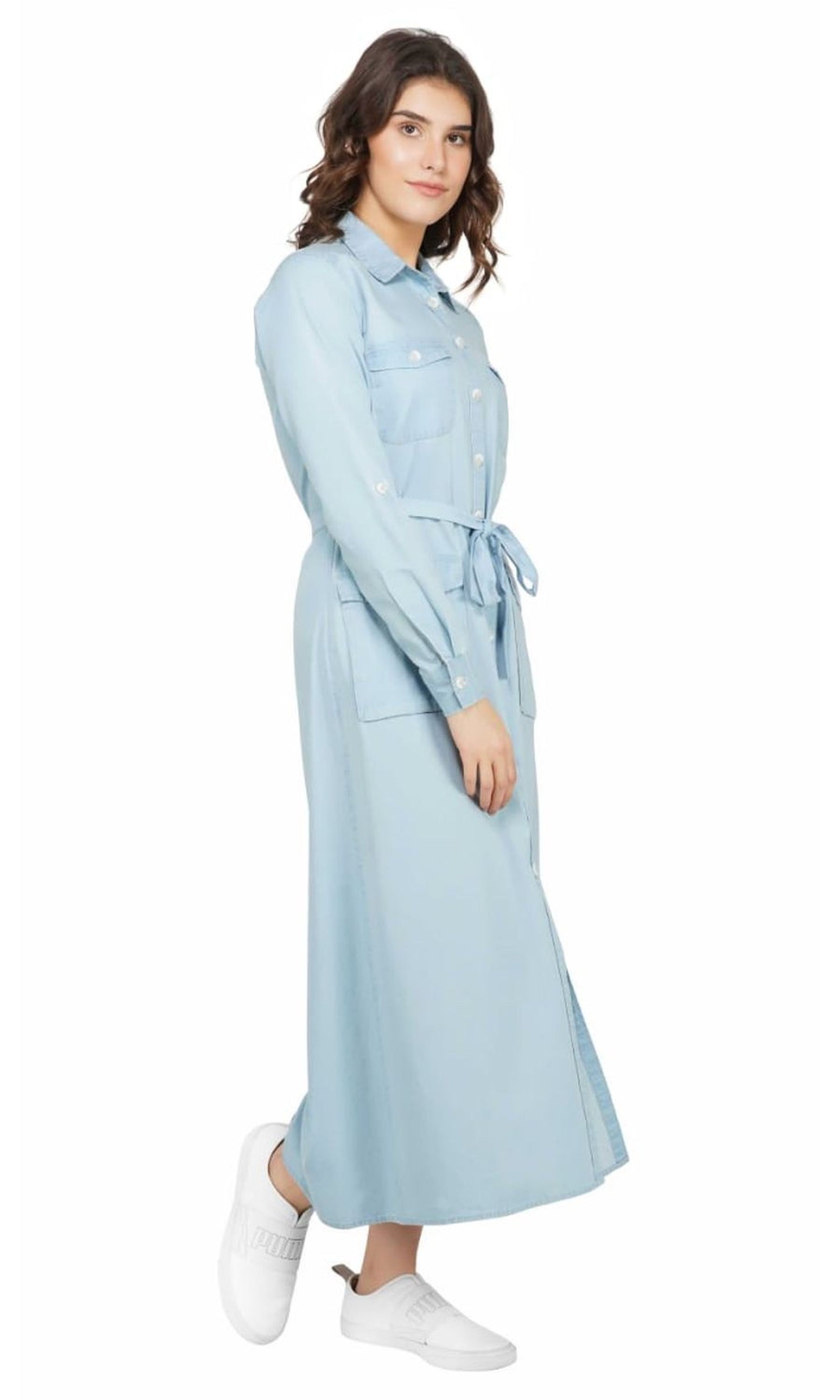 SLAY. Women's Light Blue Denim A- Line Long Dress-clothing-to-slay.myshopify.com-Dress