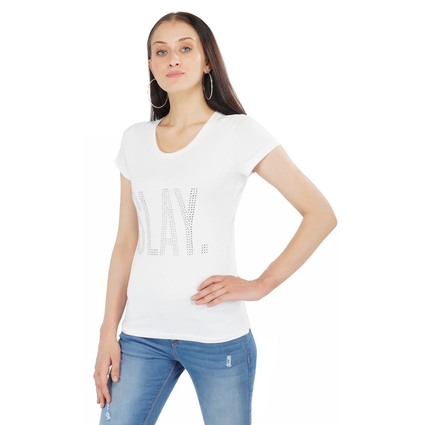 SLAY. Women's Silver Crystal Embellished T-shirt-clothing-to-slay.myshopify.com-T-shirt