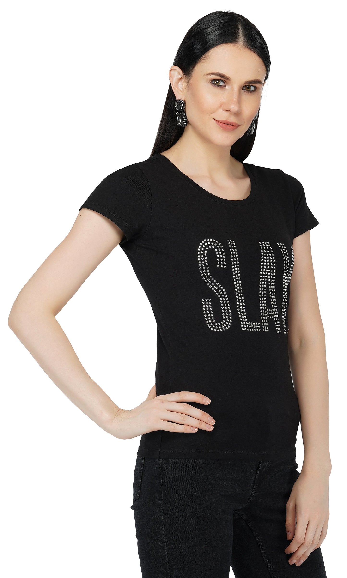 SLAY. Women's Silver Crystal Embellished SlimFit Black T-shirt-clothing-to-slay.myshopify.com-T-shirt