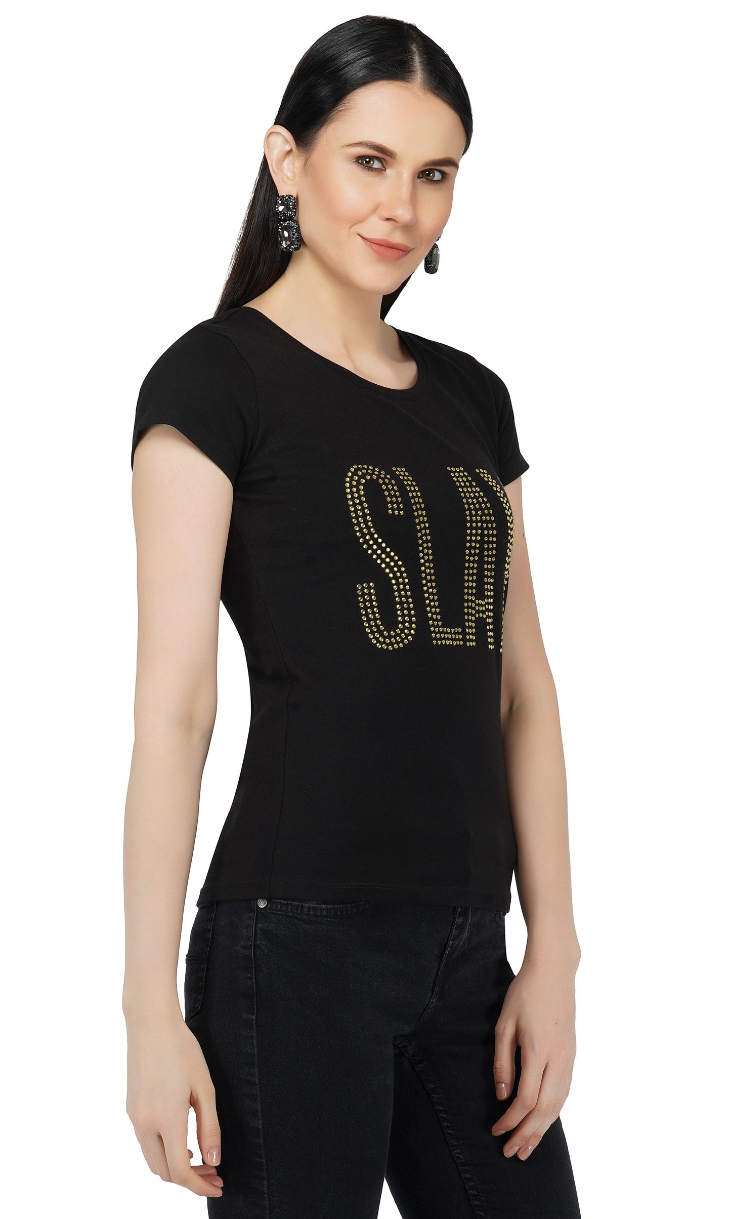 SLAY. Women's Golden Crystal Embellished SlimFit Black T-shirt-clothing-to-slay.myshopify.com-T-shirt