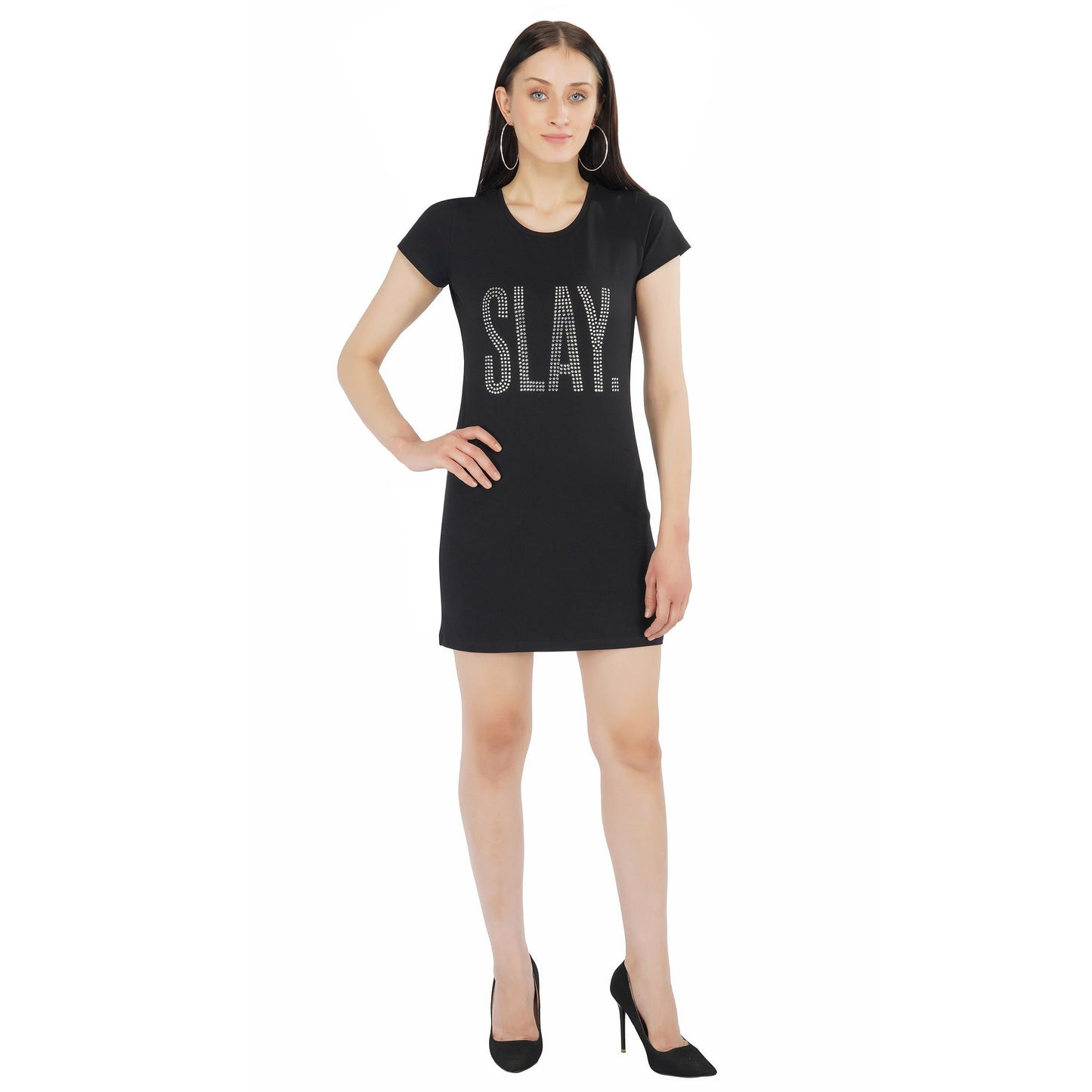 SLAY. Women's Silver Crystal Embellished Black T-shirt Dress-clothing-to-slay.myshopify.com-Dress