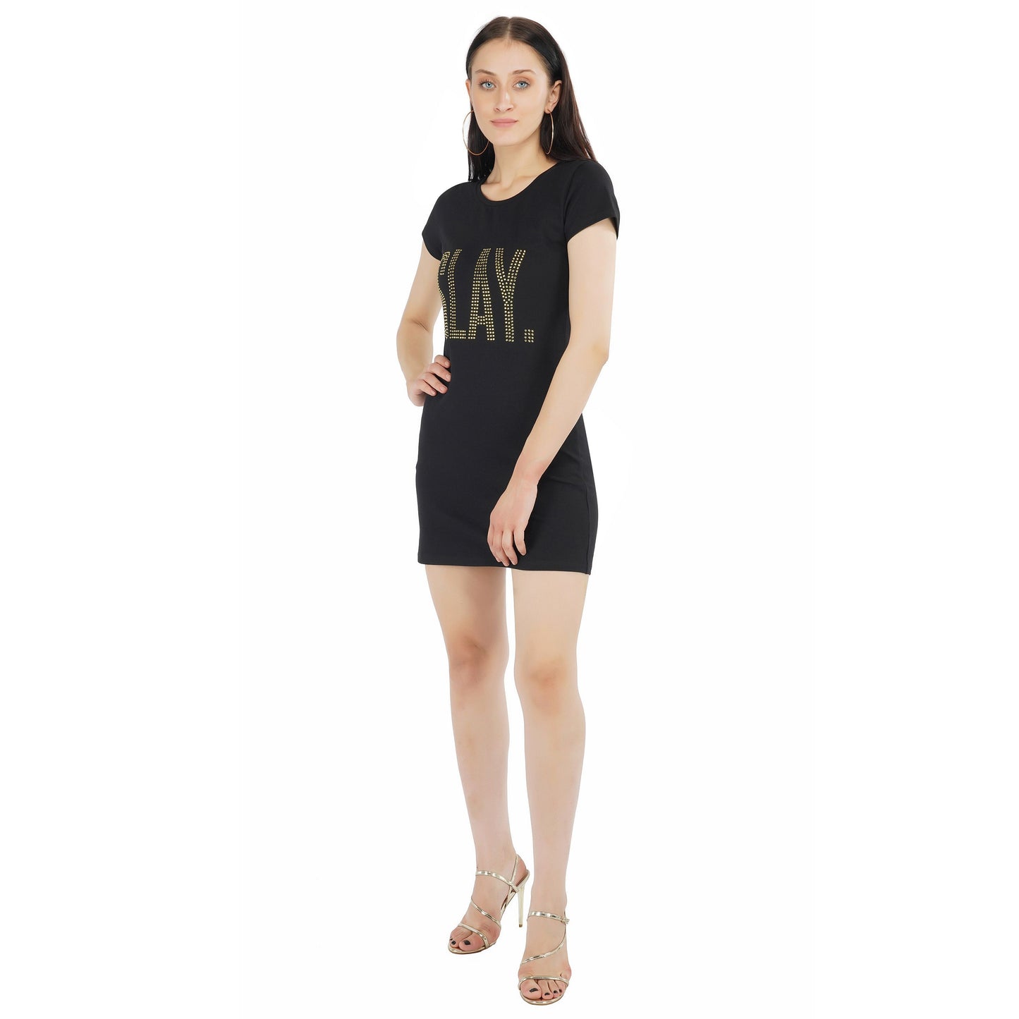 SLAY. Women's Golden Crystal Embellished Black T-shirt Dress-clothing-to-slay.myshopify.com-Dress