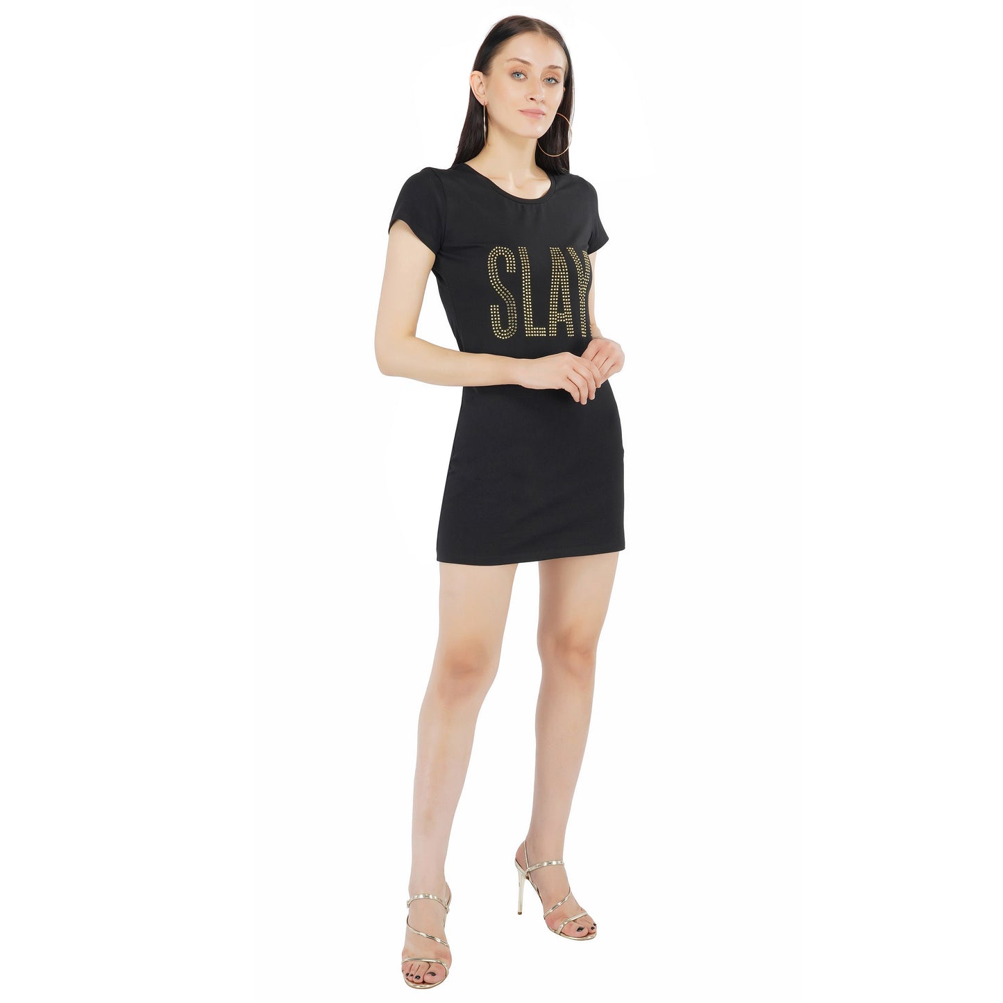 SLAY. Women's Golden Crystal Embellished Black T-shirt Dress-clothing-to-slay.myshopify.com-Dress