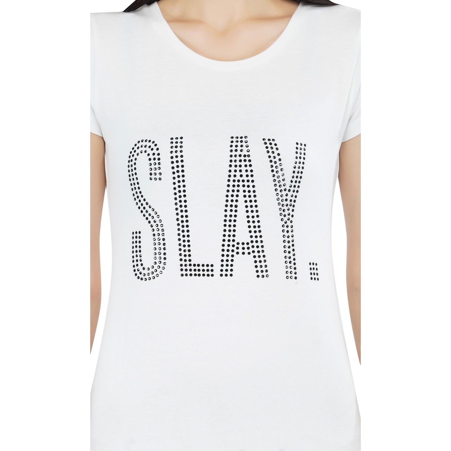 SLAY. Women's Silver Crystal Embellished White T-shirt Dress-clothing-to-slay.myshopify.com-Dress