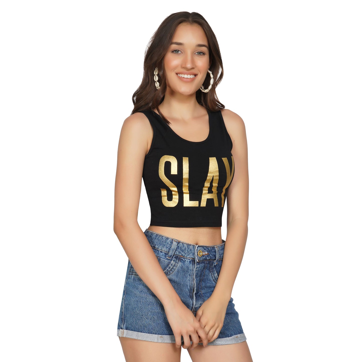 SLAY. Women's Limited Edition Gold Foil Print Matt Finish Crop Top-clothing-to-slay.myshopify.com-Crop Top