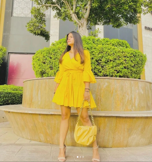 SLAY. Women's Sunflower Yellow V Neck Bell Sleeve Mini Summer Dress with Waist Belt