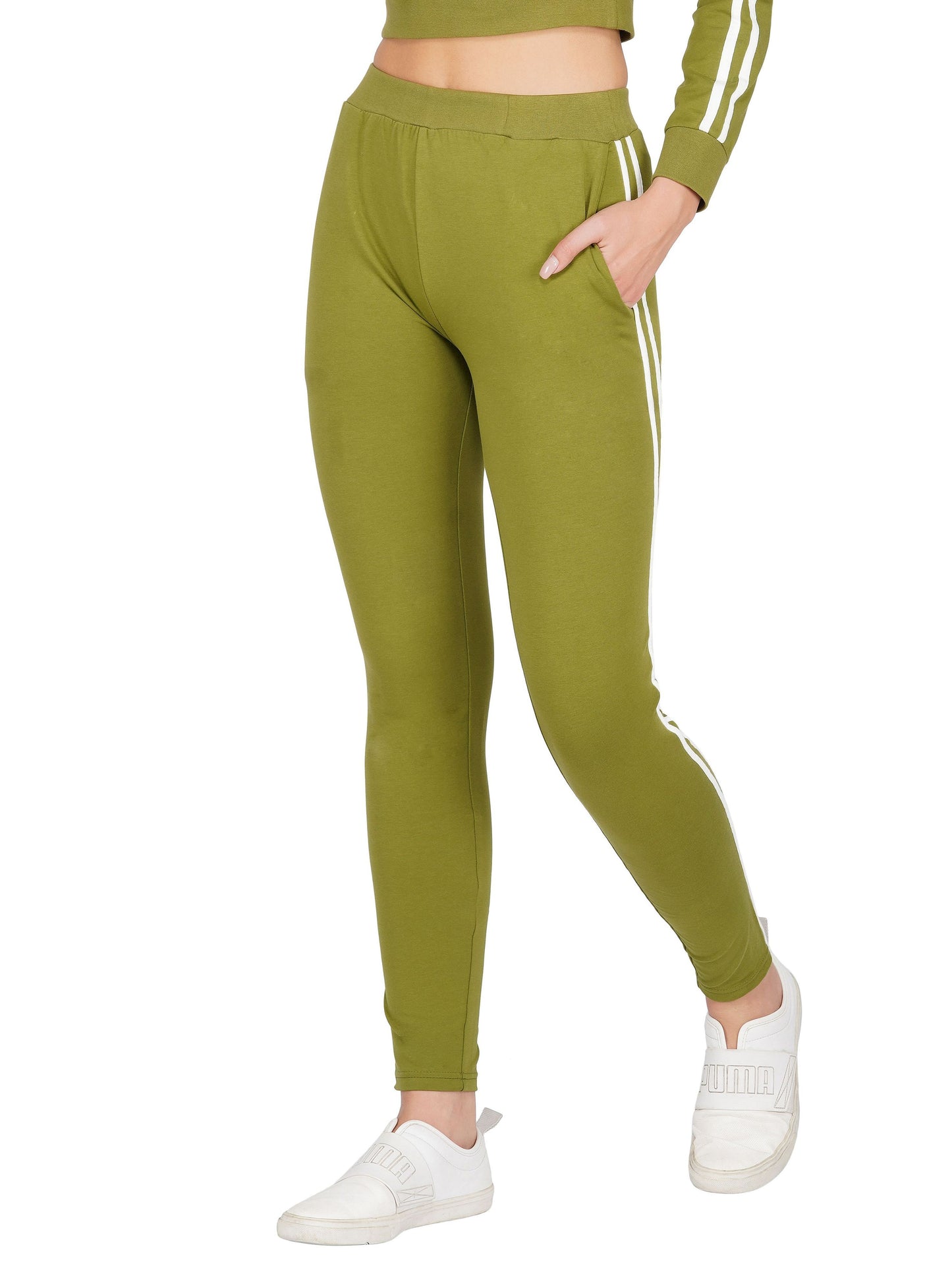 SLAY. Women's Olive Green Jogger Pants With White Stripes-clothing-to-slay.myshopify.com-Joggers