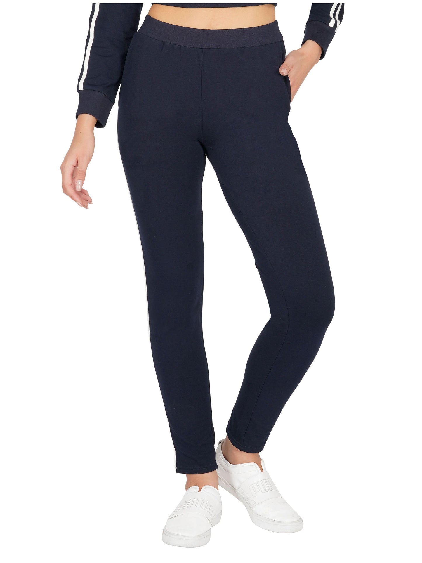 SLAY. Women's Navy Blue Jogger Pants With White Stripes-clothing-to-slay.myshopify.com-Joggers