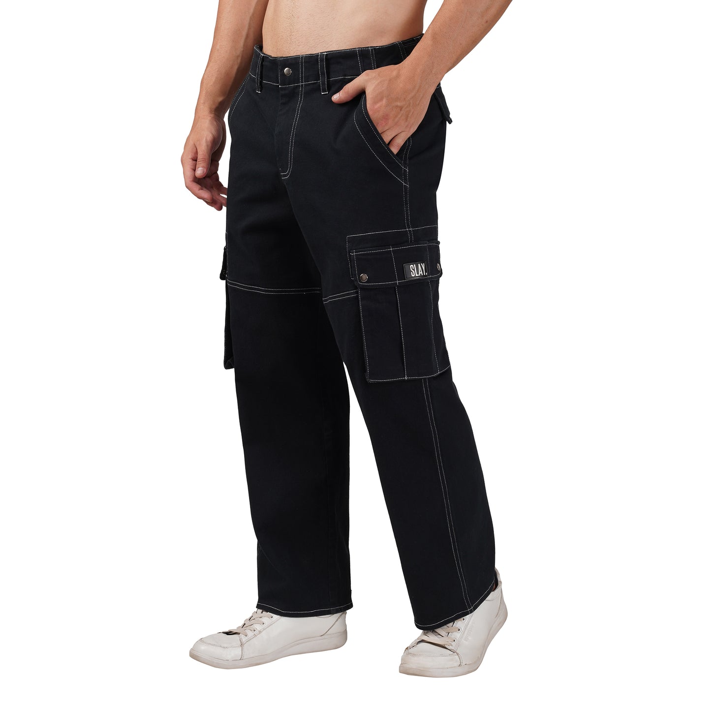 SLAY. Men's Black Contrast Stitch Stretch Cargo Pants