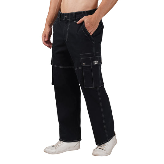 SLAY. Men's Black Contrast Stitch Stretch Cargo Pants