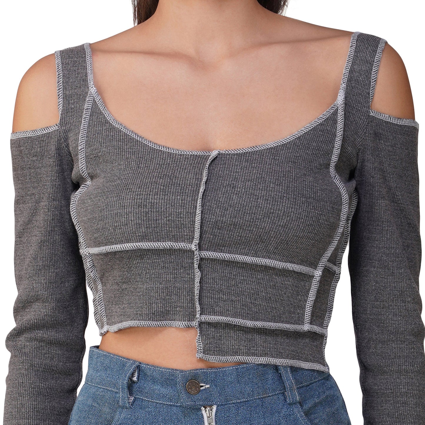 SLAY. Women's Contrast Stitch Grey Cold Shoulder Rib Full Sleeves Top & Jeans Co-ord Set