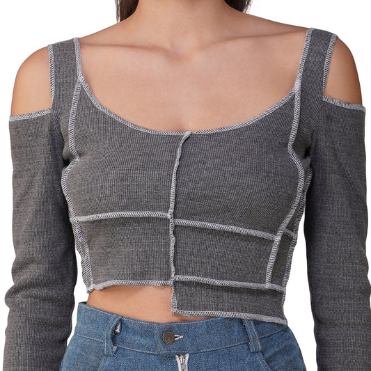 SLAY. Women's Contrast Stitch Grey Cold Shoulder Rib Full Sleeves Top
