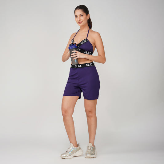 SLAY. Women's Purple Activewear Backless Sports Bra And High waist Shorts Co-ord Set