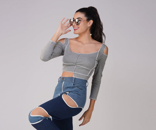 SLAY. Women's Contrast Stitch Light Grey Cold Shoulder Rib Full Sleeves Top