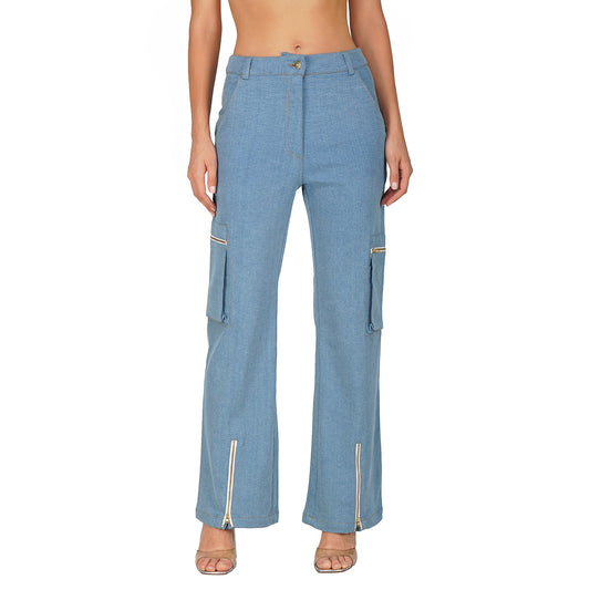 SLAY. Women's Light Blue Enzyme Wash Denim Cargo Jeans (Stretch Fabric)