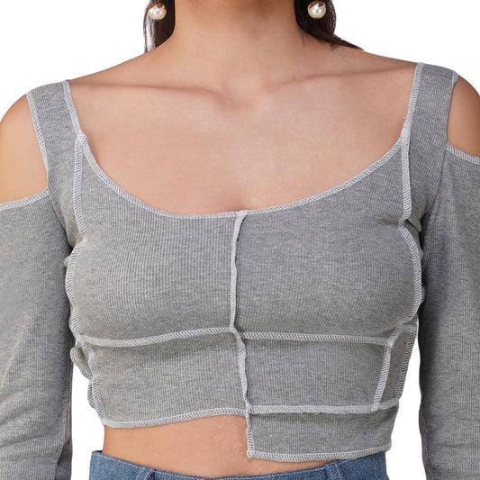 SLAY. Women's Contrast Stitch Light Grey Cold Shoulder Rib Full Sleeves Top
