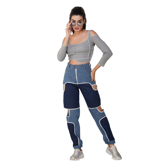 SLAY. Women's Contrast Stitch Light Grey Cold Shoulder Rib Full Sleeves Top & Jeans Co-ord Set