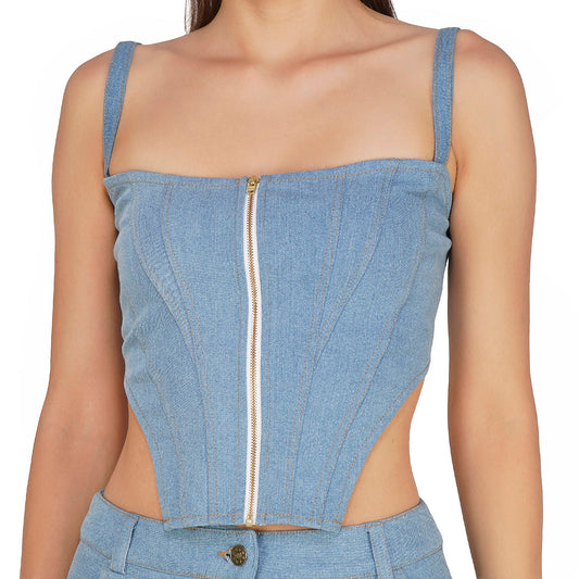 SLAY. Women's Light Blue Enzyme Wash Denim Zip up Corset(Stretch Fabric)