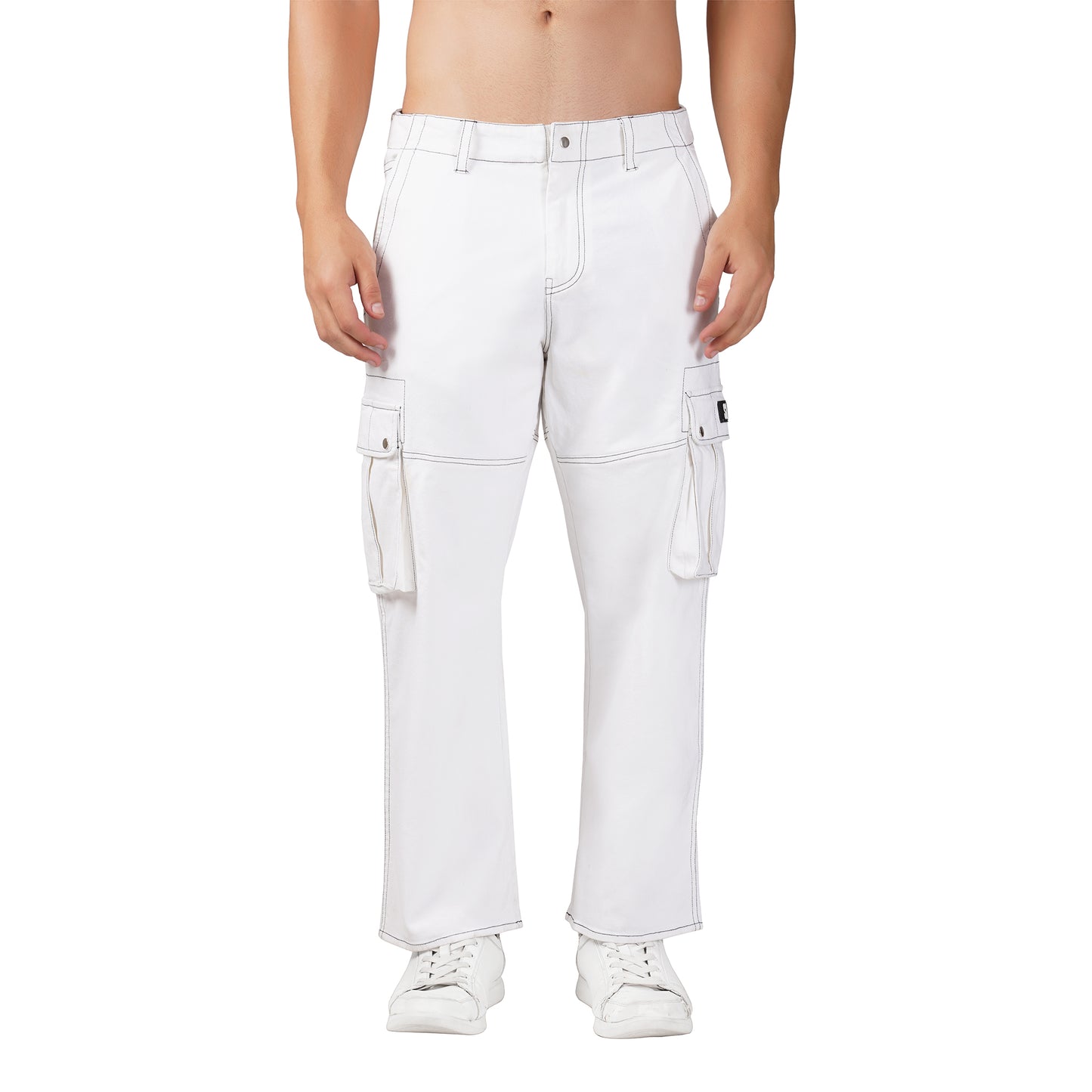 SLAY. Men's White Contrast Stitch Stretch Cargo Pants